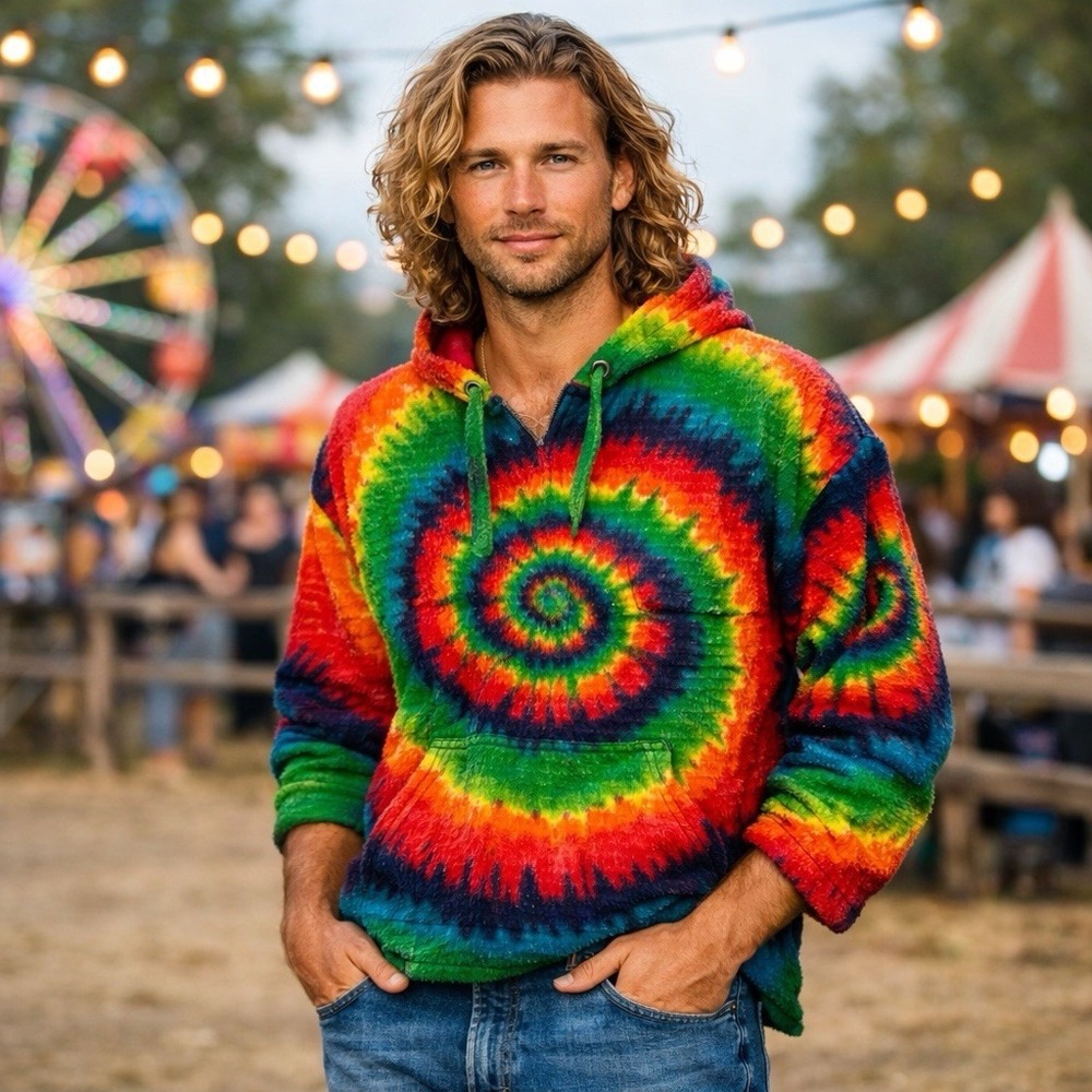 Earth Ragz Baja Tie Dye Hoodie Unisex‎ Large Rainbow Spiral Pullover Hippie 2018